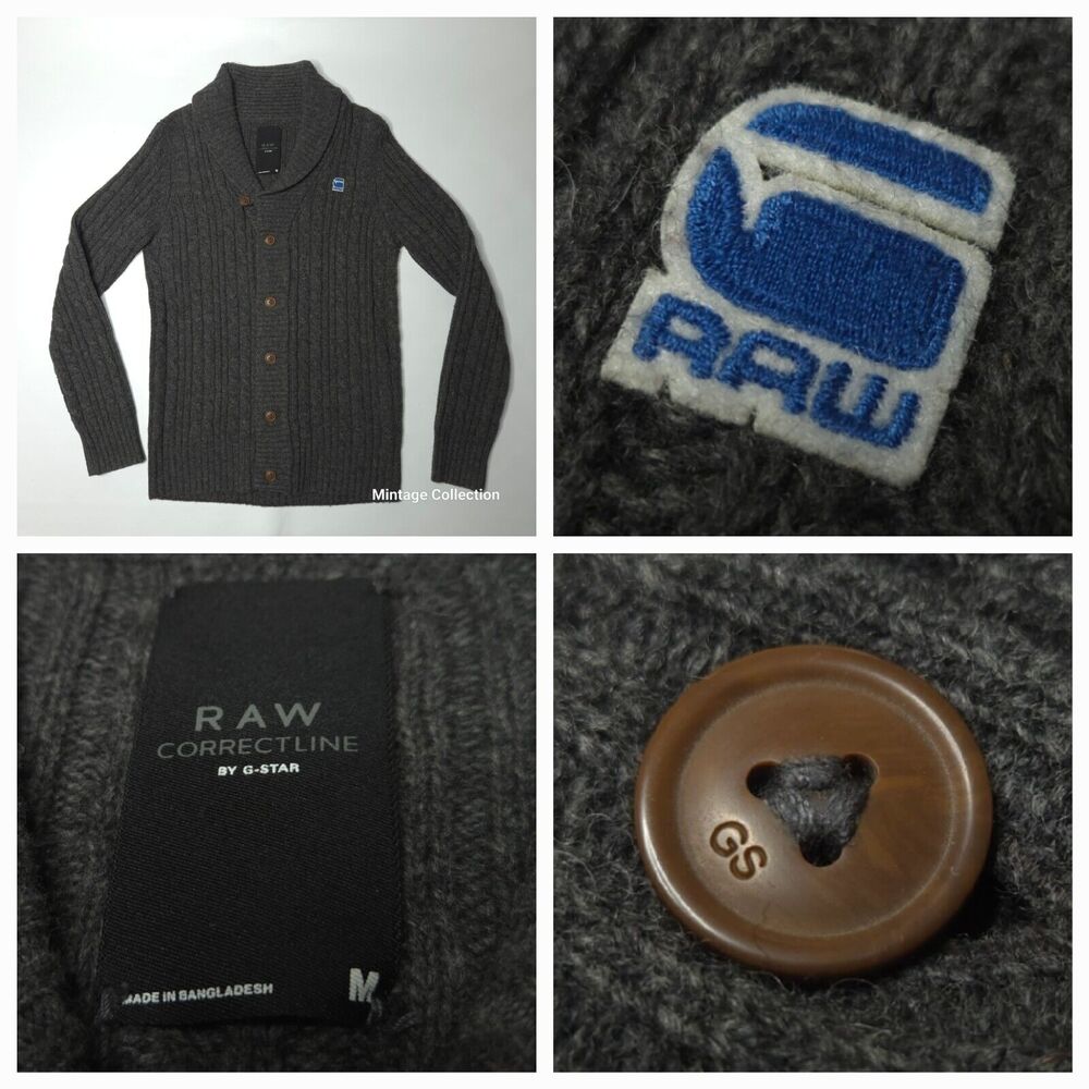 GSTAR G-STAR RAW CORRECT LINE GRAY WOOL BORRE SHAWL CARDIGAN CABLE KNIT SIZE M